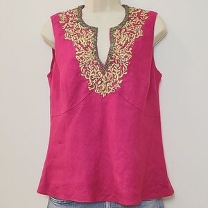 Lafayette148 Pink 100% Linen Beaded Embroidered Tailored Sleeveless Blouse  SZ 8